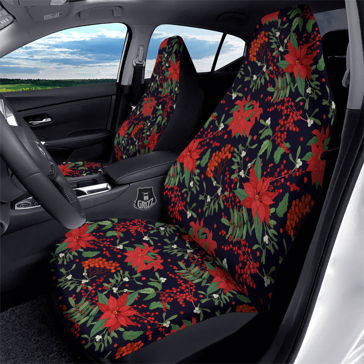 Poinsettia Xmas Print Pattern Car Seat Covers-grizzshop