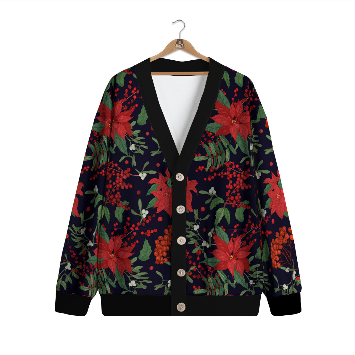 Poinsettia Xmas Print Pattern Cardigan-grizzshop
