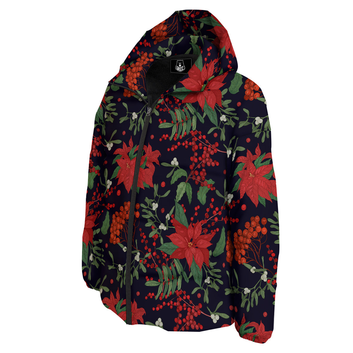 Poinsettia Xmas Print Pattern Down Jacket-grizzshop
