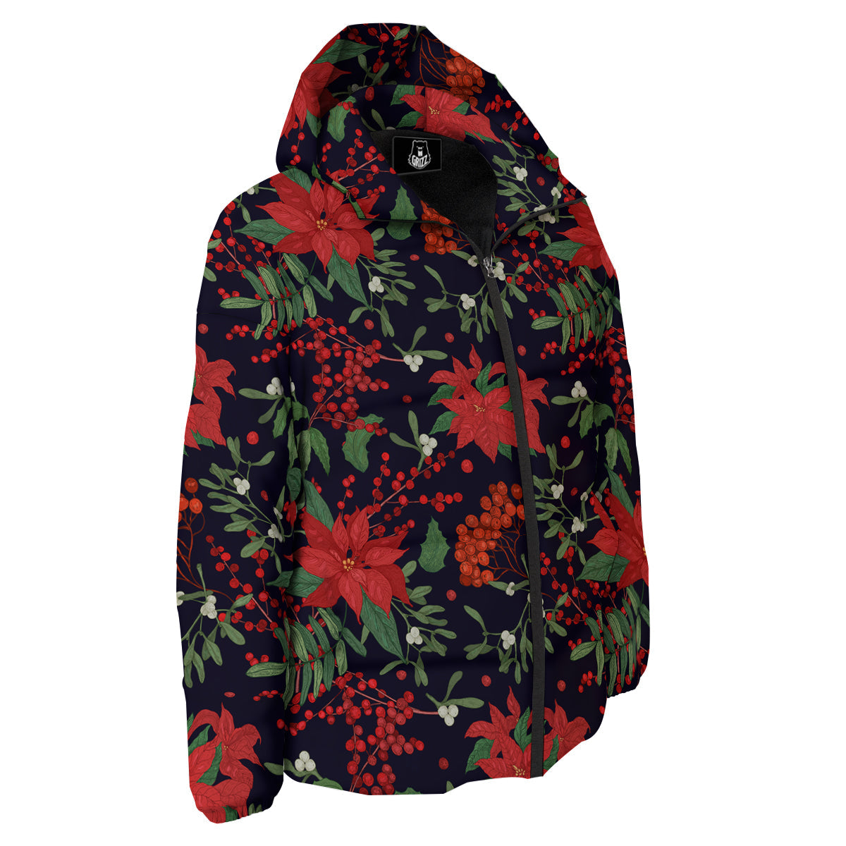 Poinsettia Xmas Print Pattern Down Jacket-grizzshop