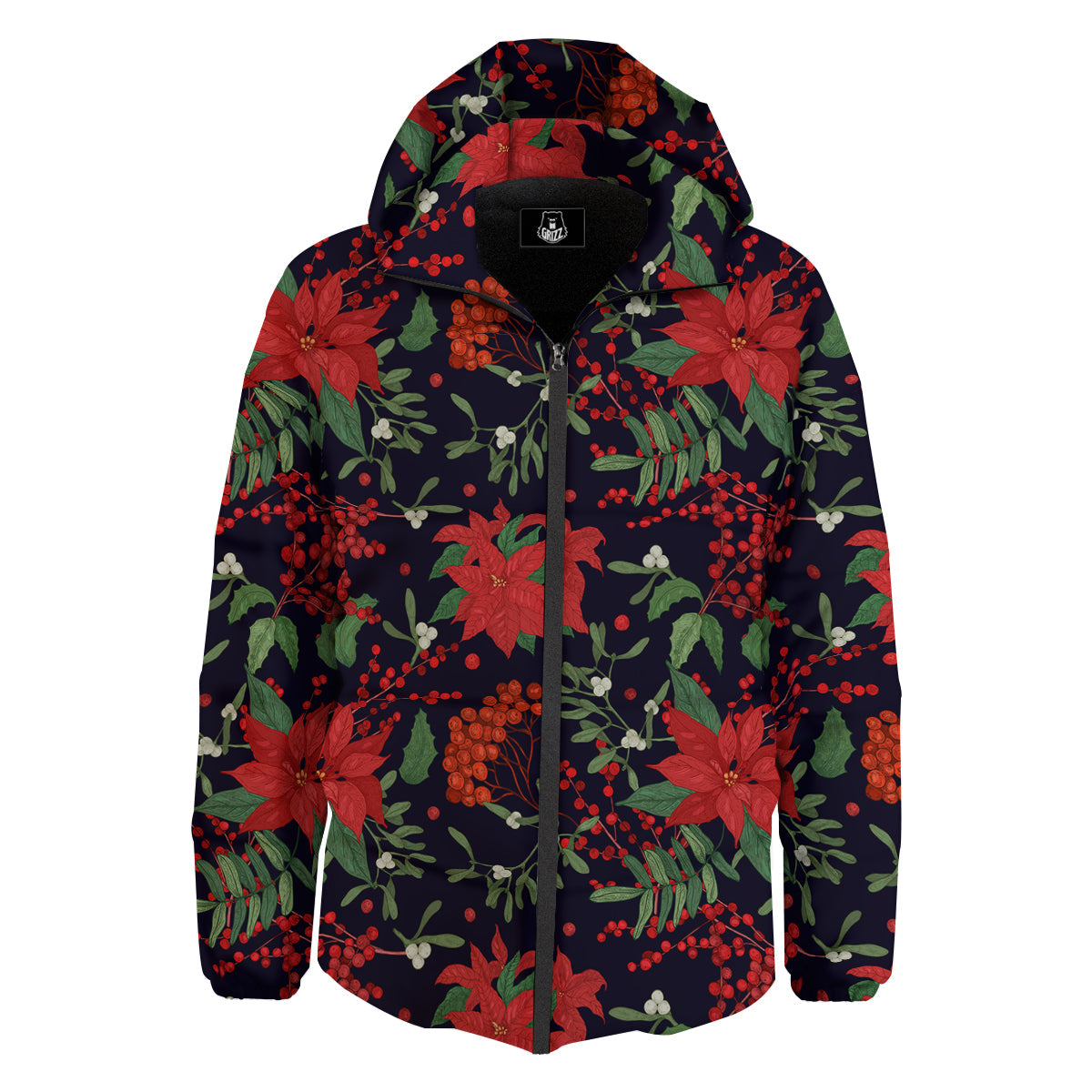 Poinsettia Xmas Print Pattern Down Jacket-grizzshop