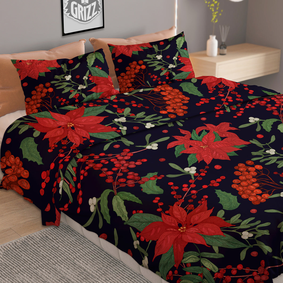 Poinsettia Xmas Print Pattern Duvet Cover Bedding Set