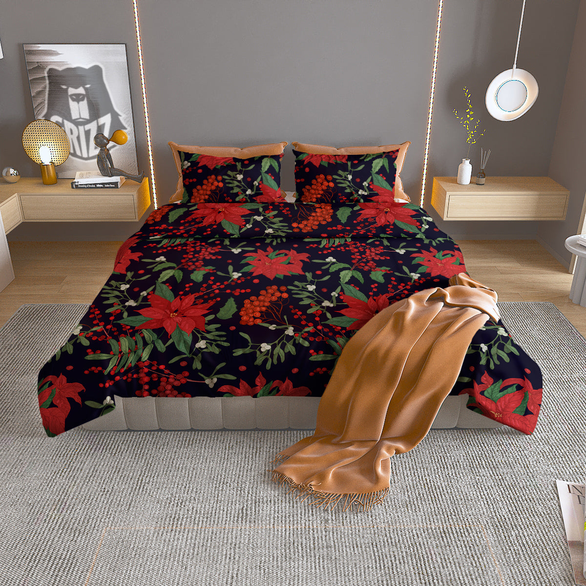 Poinsettia Xmas Print Pattern Duvet Cover Bedding Set