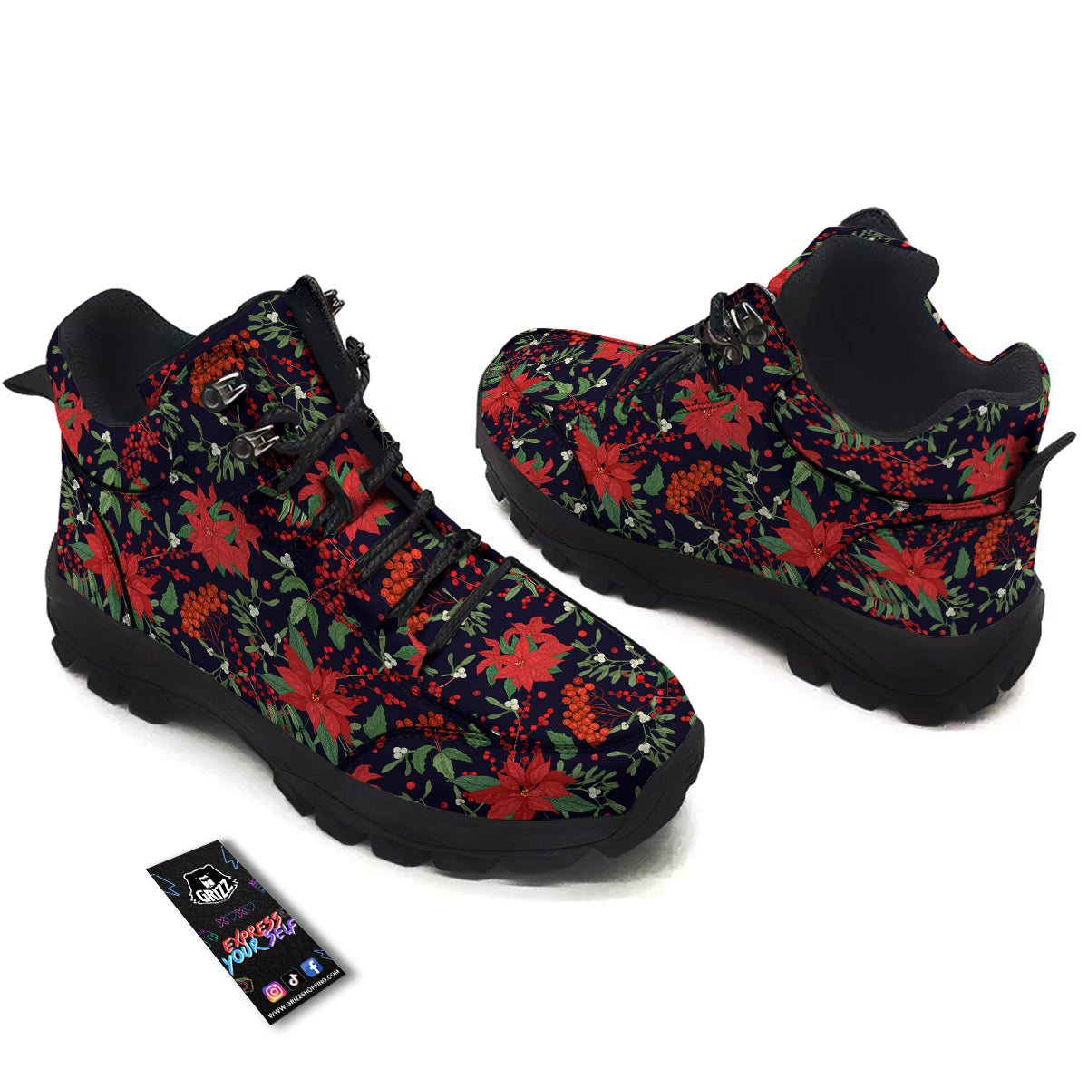 Poinsettia Xmas Print Pattern Hiking Shoes-grizzshop
