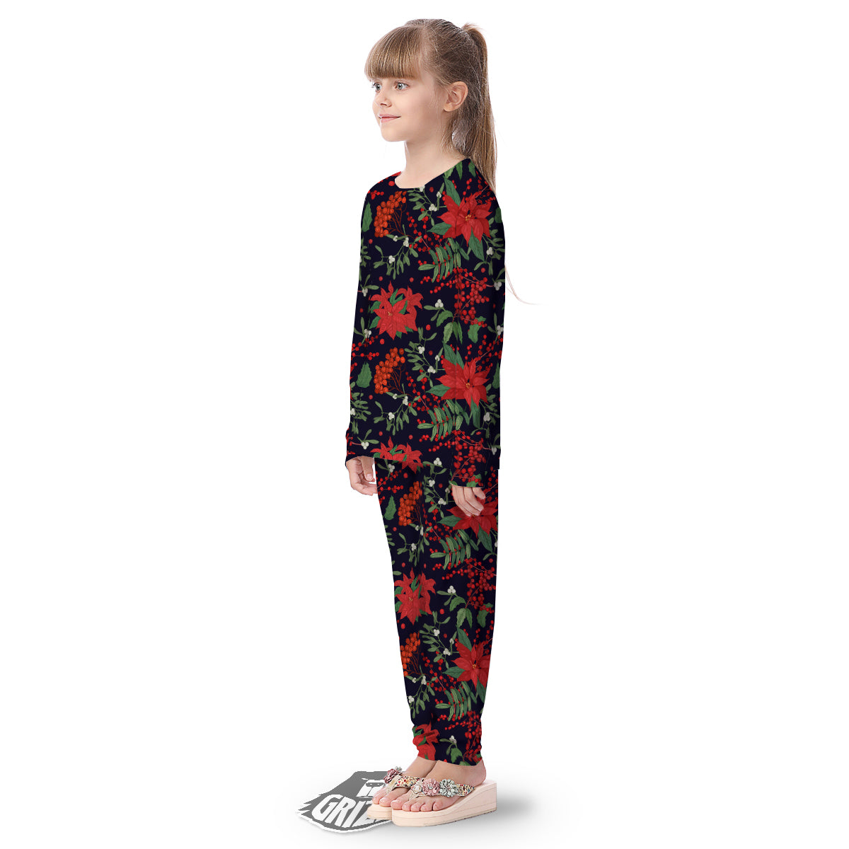 Poinsettia Xmas Print Pattern Kid's Pajamas-grizzshop