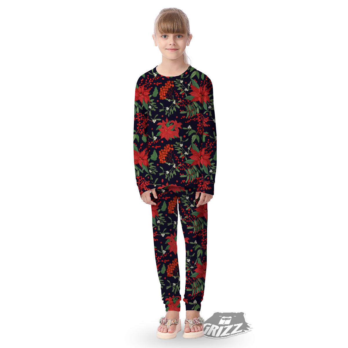Poinsettia Xmas Print Pattern Kid's Pajamas-grizzshop
