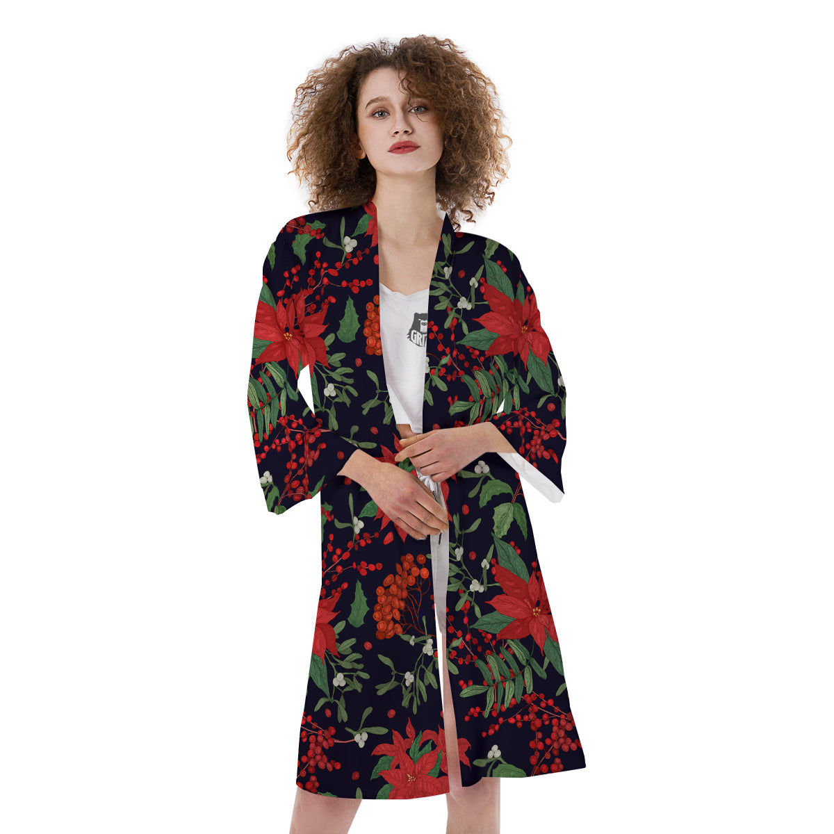 Poinsettia Xmas Print Pattern Kimono-grizzshop