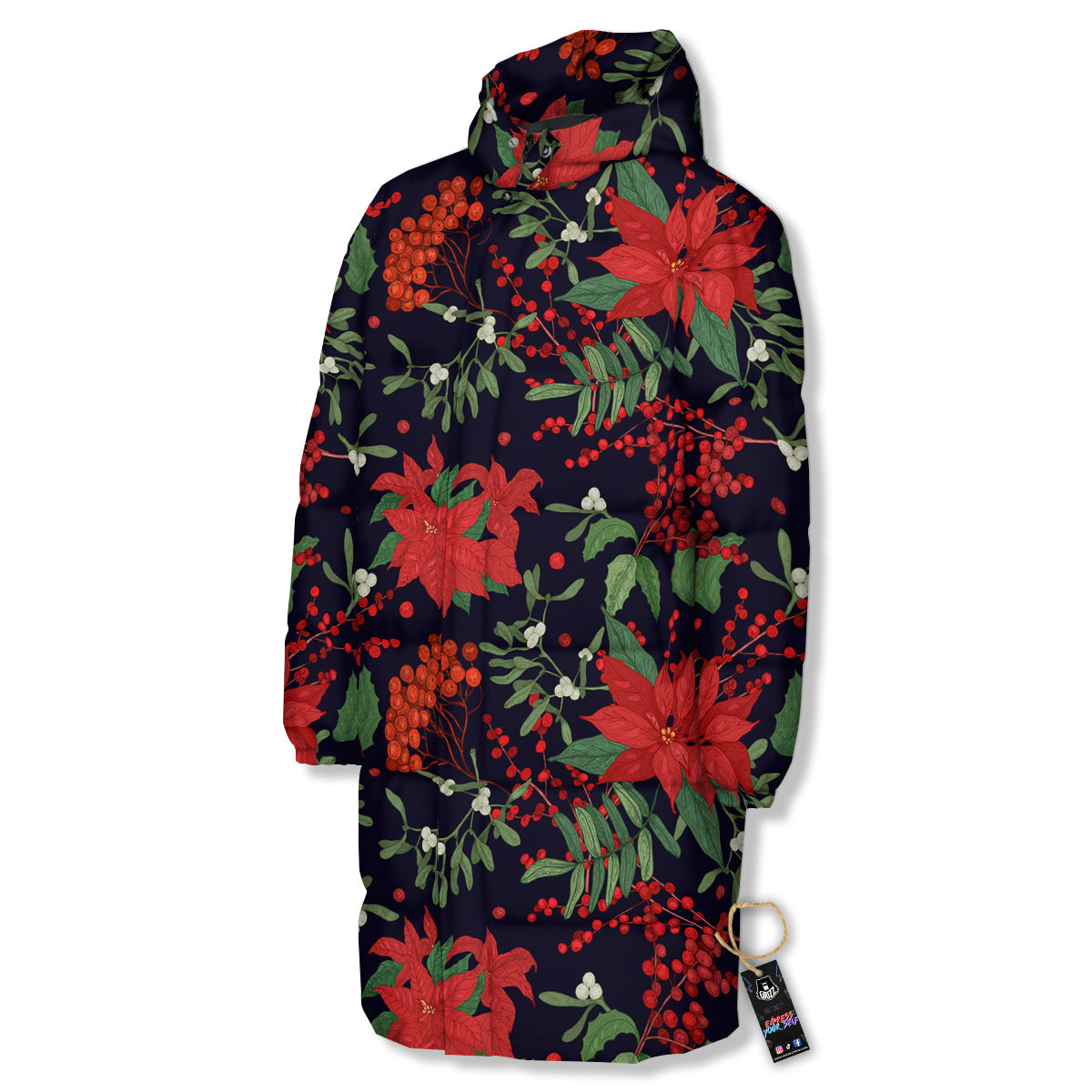 Poinsettia Xmas Print Pattern Long Down Jacket-grizzshop