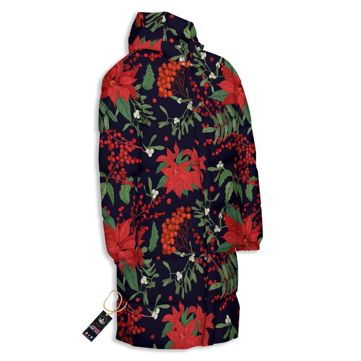 Poinsettia Xmas Print Pattern Long Down Jacket-grizzshop