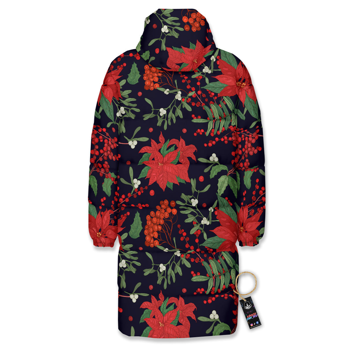 Poinsettia Xmas Print Pattern Long Down Jacket-grizzshop