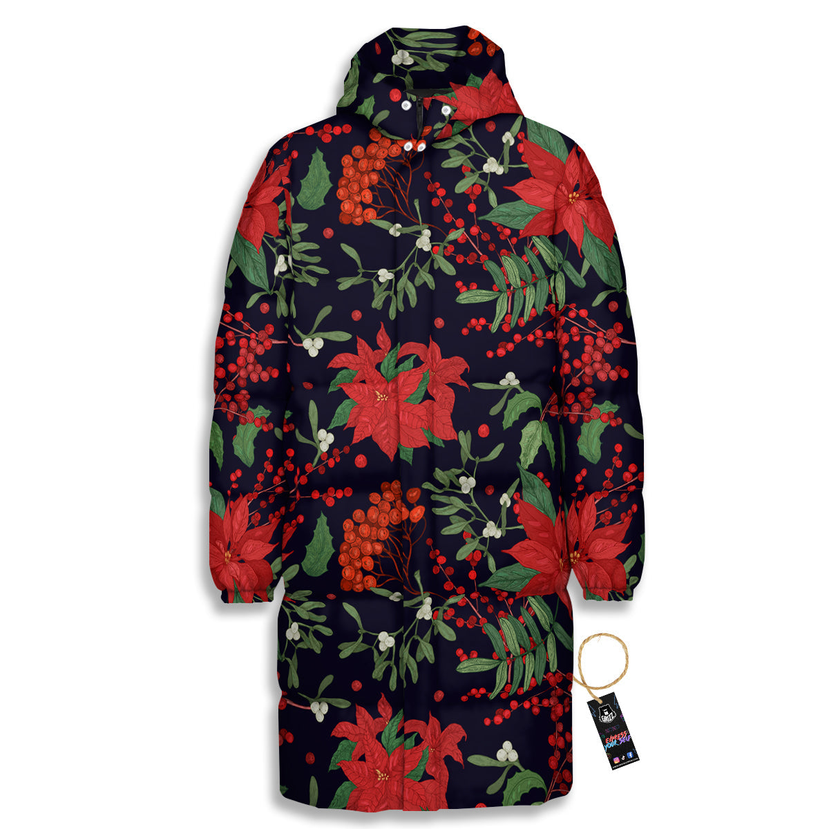 Poinsettia Xmas Print Pattern Long Down Jacket-grizzshop