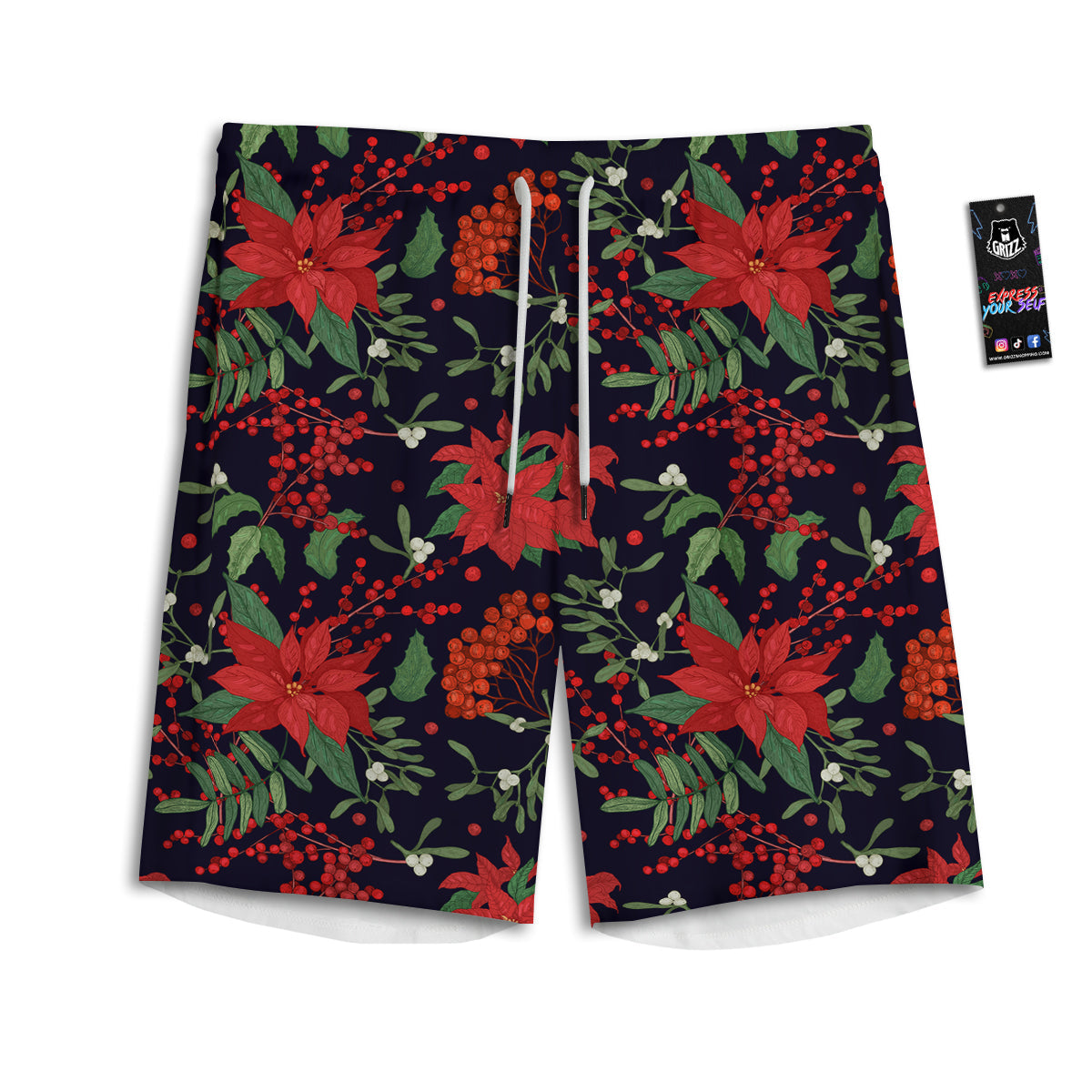 Poinsettia Xmas Print Pattern Men's Athletic Shorts