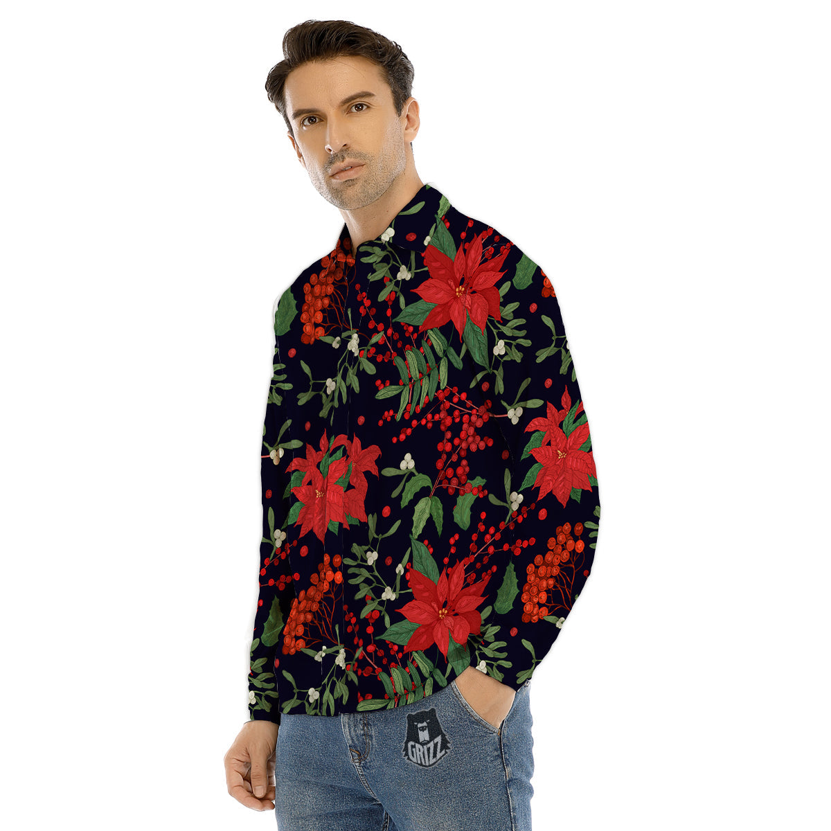Poinsettia Xmas Print Pattern Men's Dress Shirts-grizzshop