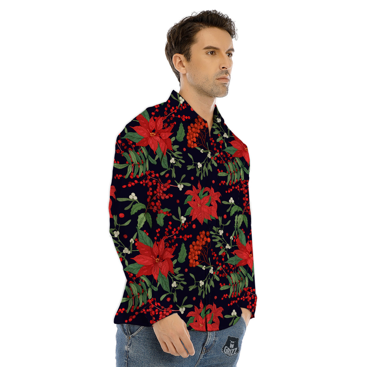 Poinsettia Xmas Print Pattern Men's Dress Shirts-grizzshop