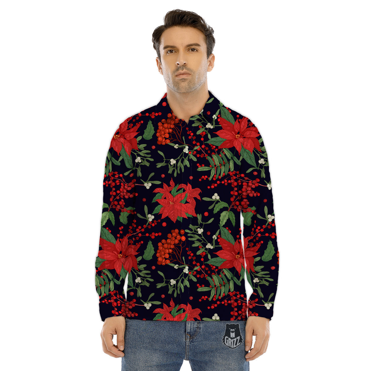 Poinsettia Xmas Print Pattern Men's Dress Shirts-grizzshop