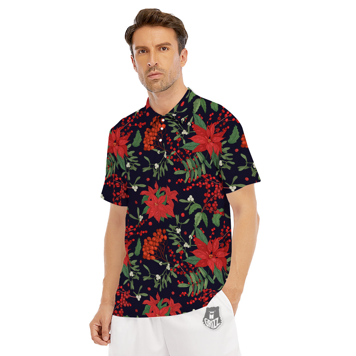 Poinsettia Xmas Print Pattern Men's Golf Shirts-grizzshop