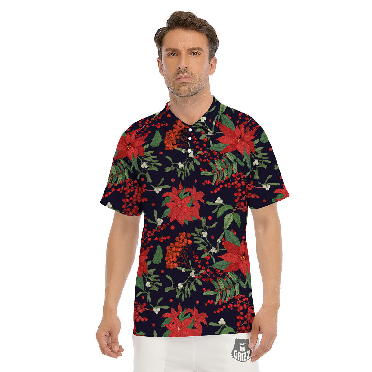 Poinsettia Xmas Print Pattern Men's Golf Shirts-grizzshop