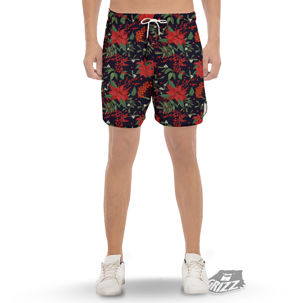Poinsettia Xmas Print Pattern Men's Gym Shorts-grizzshop