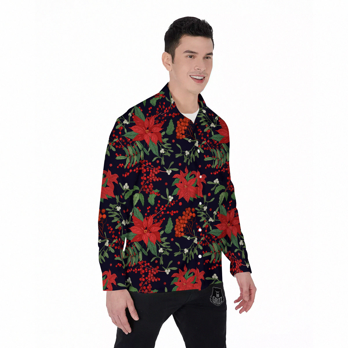 Poinsettia Xmas Print Pattern Men's Long Sleeve Shirts-grizzshop