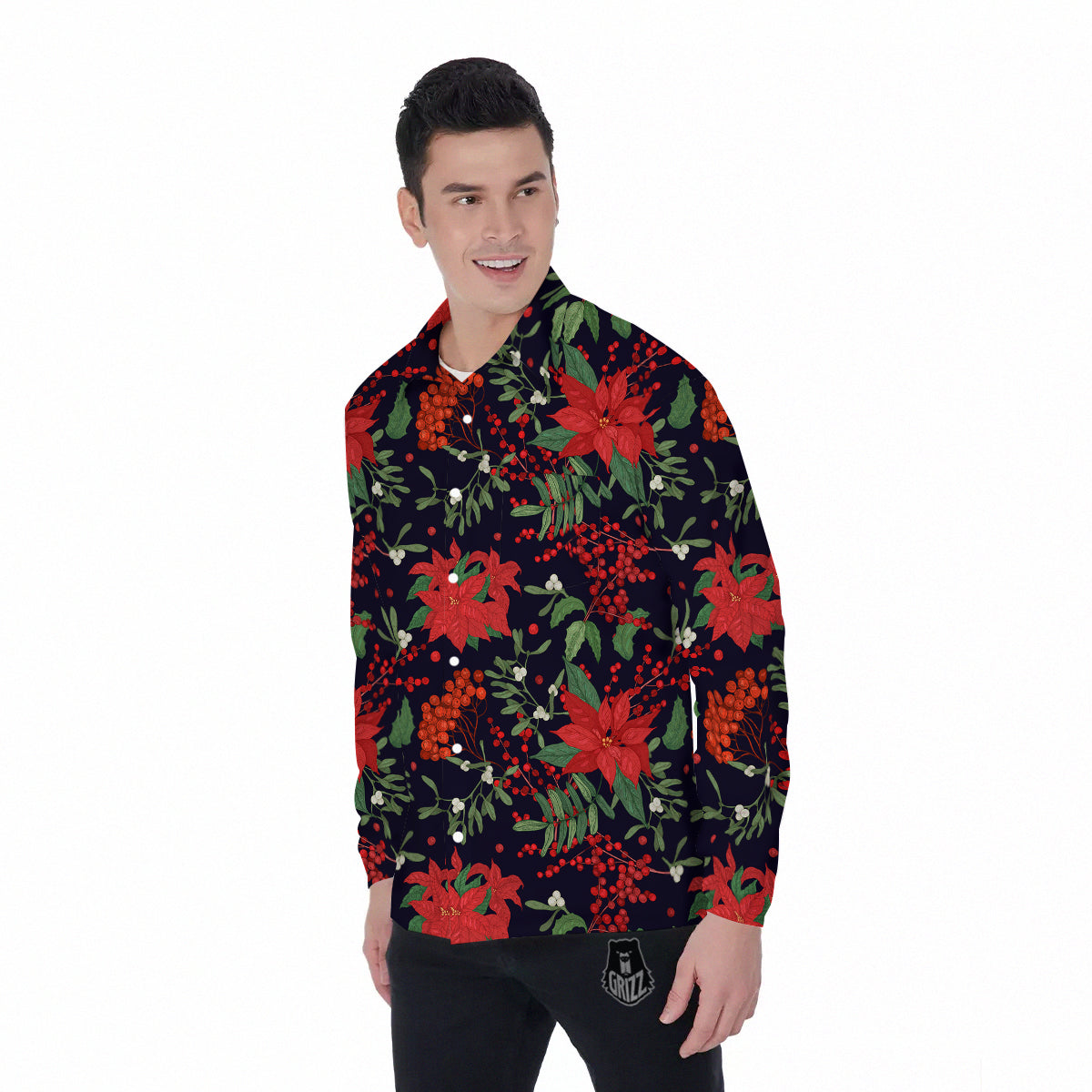 Poinsettia Xmas Print Pattern Men's Long Sleeve Shirts-grizzshop