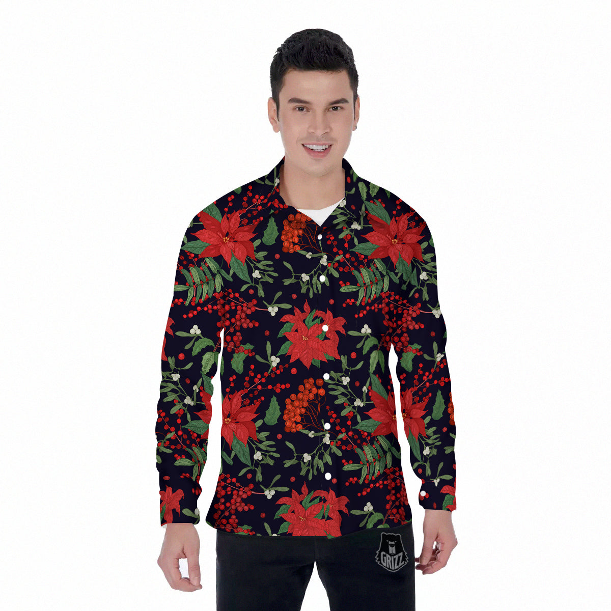 Poinsettia Xmas Print Pattern Men's Long Sleeve Shirts-grizzshop