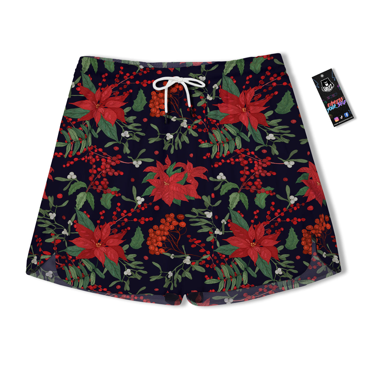 Poinsettia Xmas Print Pattern Men's Running Shorts-grizzshop
