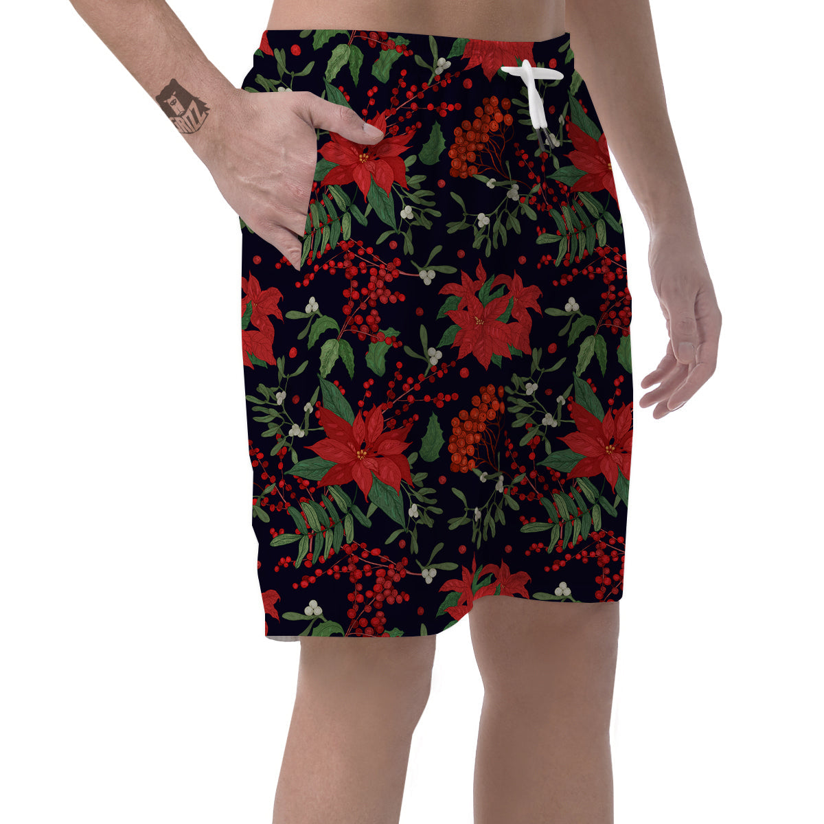 Poinsettia Xmas Print Pattern Men's Shorts-grizzshop
