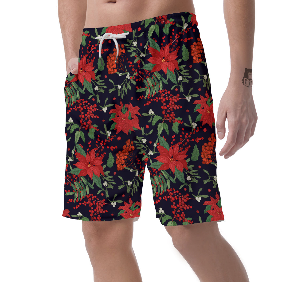 Poinsettia Xmas Print Pattern Men's Shorts-grizzshop