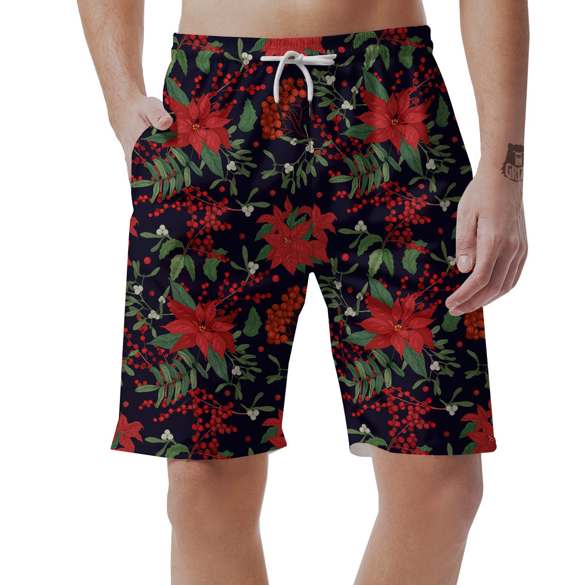 Poinsettia Xmas Print Pattern Men's Shorts-grizzshop
