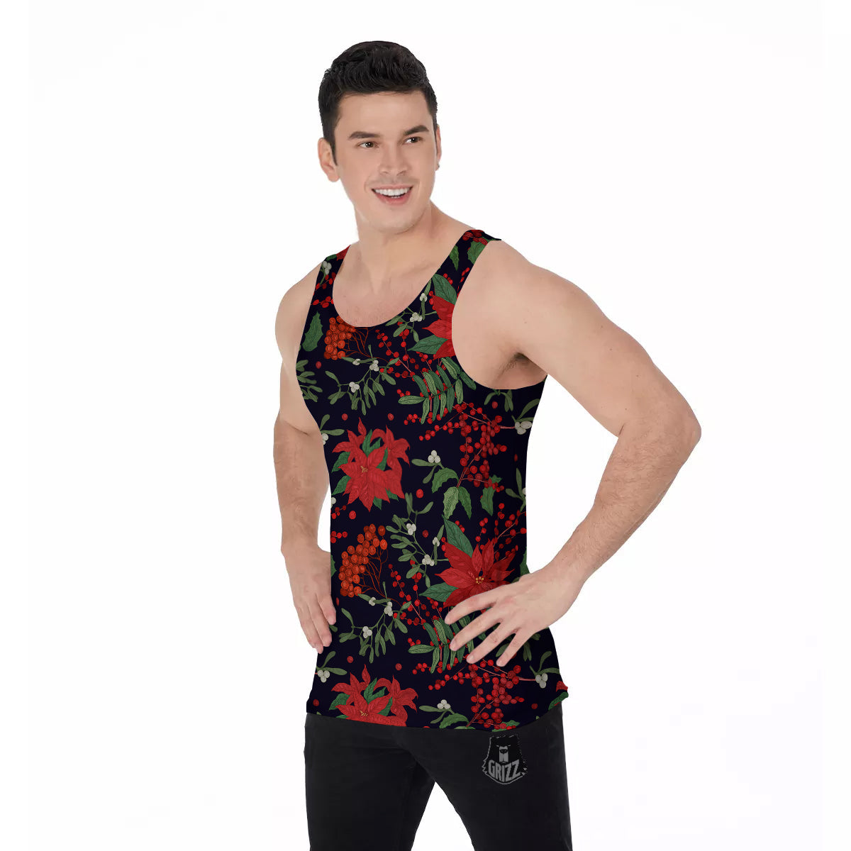Poinsettia Xmas Print Pattern Men's Tank Top-grizzshop
