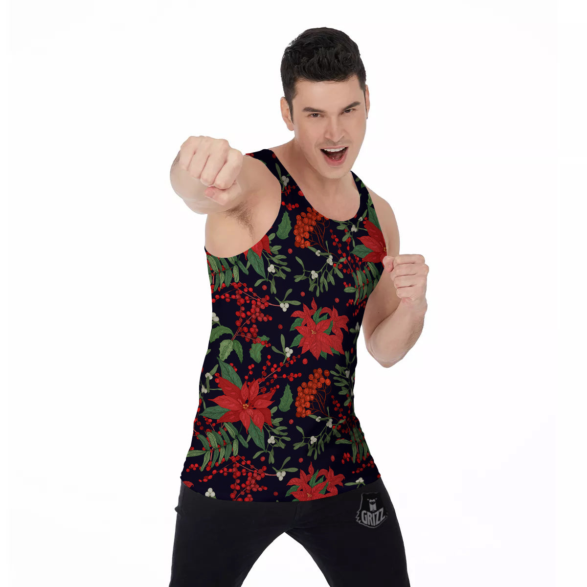 Poinsettia Xmas Print Pattern Men's Tank Top-grizzshop