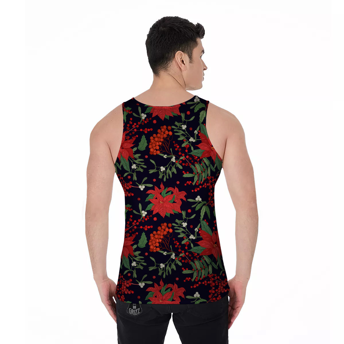Poinsettia Xmas Print Pattern Men's Tank Top-grizzshop