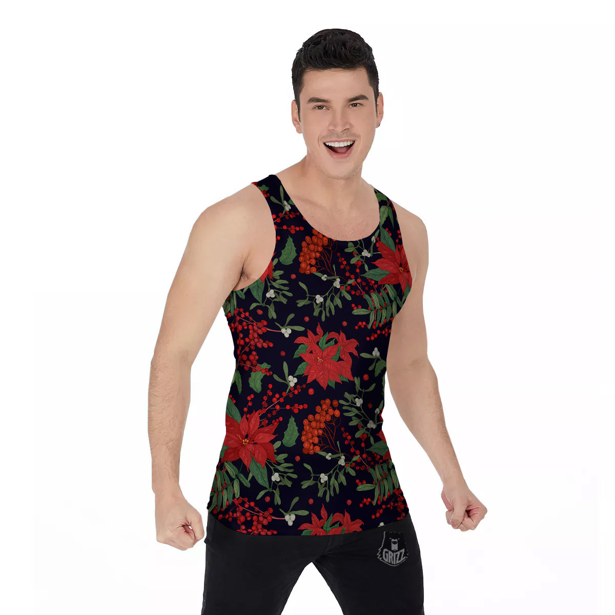 Poinsettia Xmas Print Pattern Men's Tank Top-grizzshop