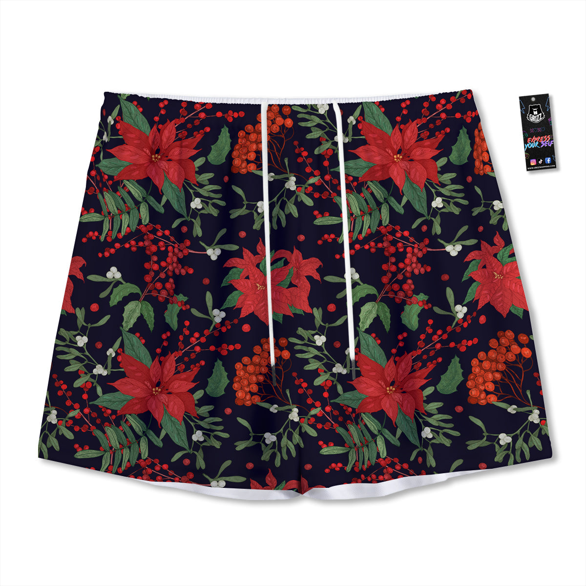 Poinsettia Xmas Print Pattern Mesh Shorts