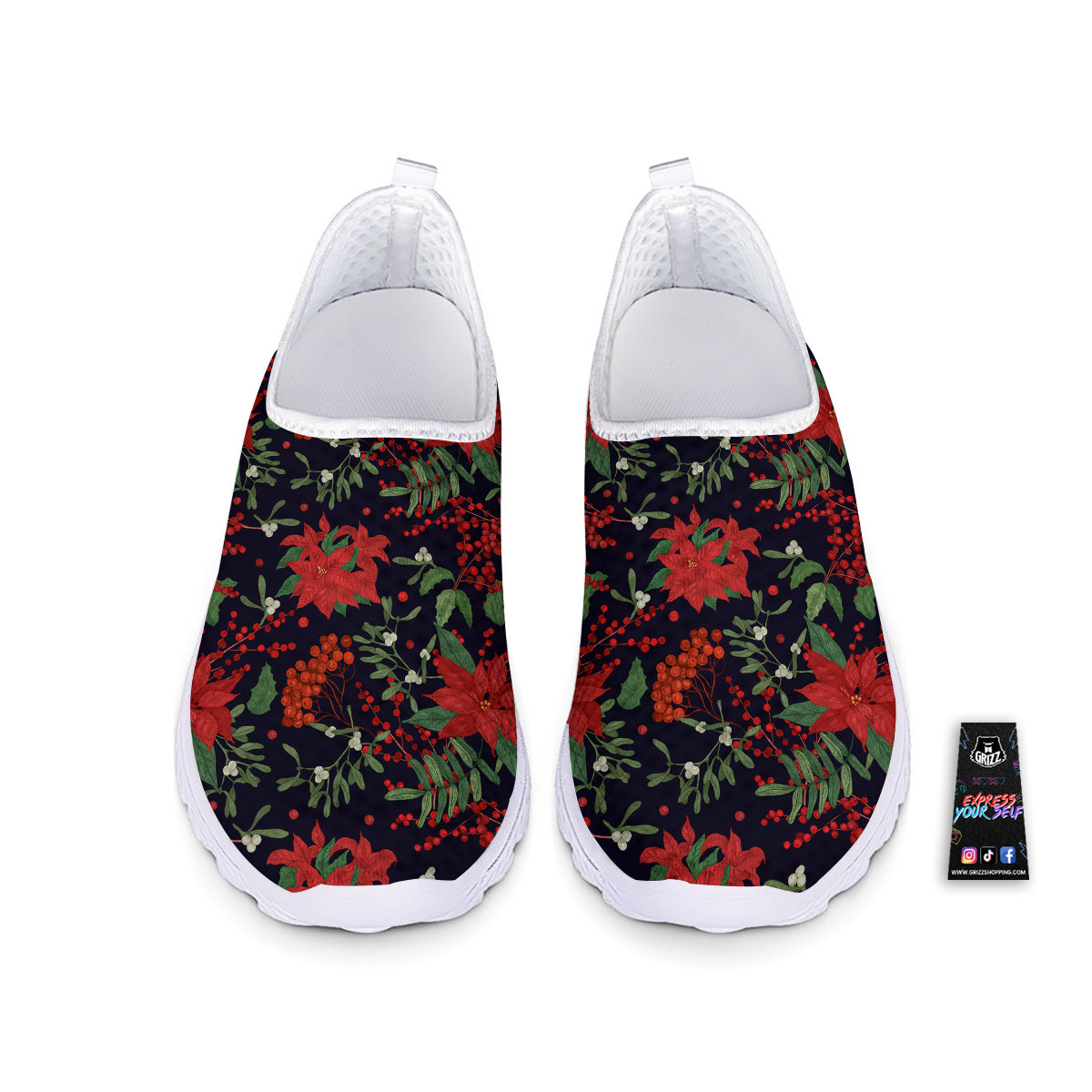 Poinsettia Xmas Print Pattern Nurse Shoes-grizzshop