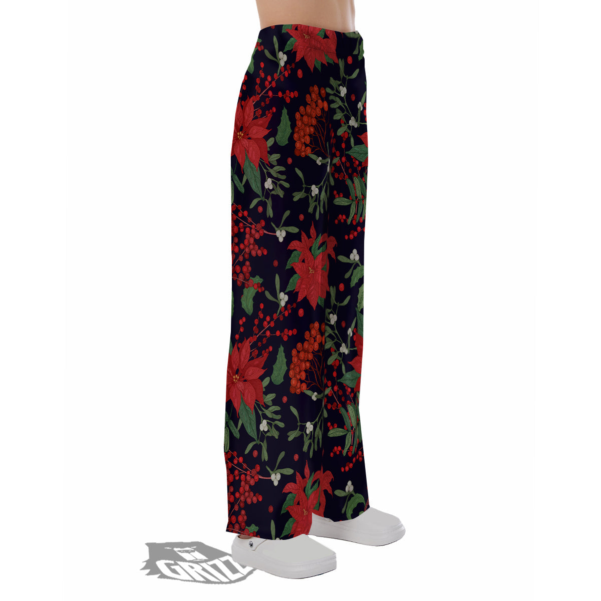Poinsettia Xmas Print Pattern Pajama Pants-grizzshop