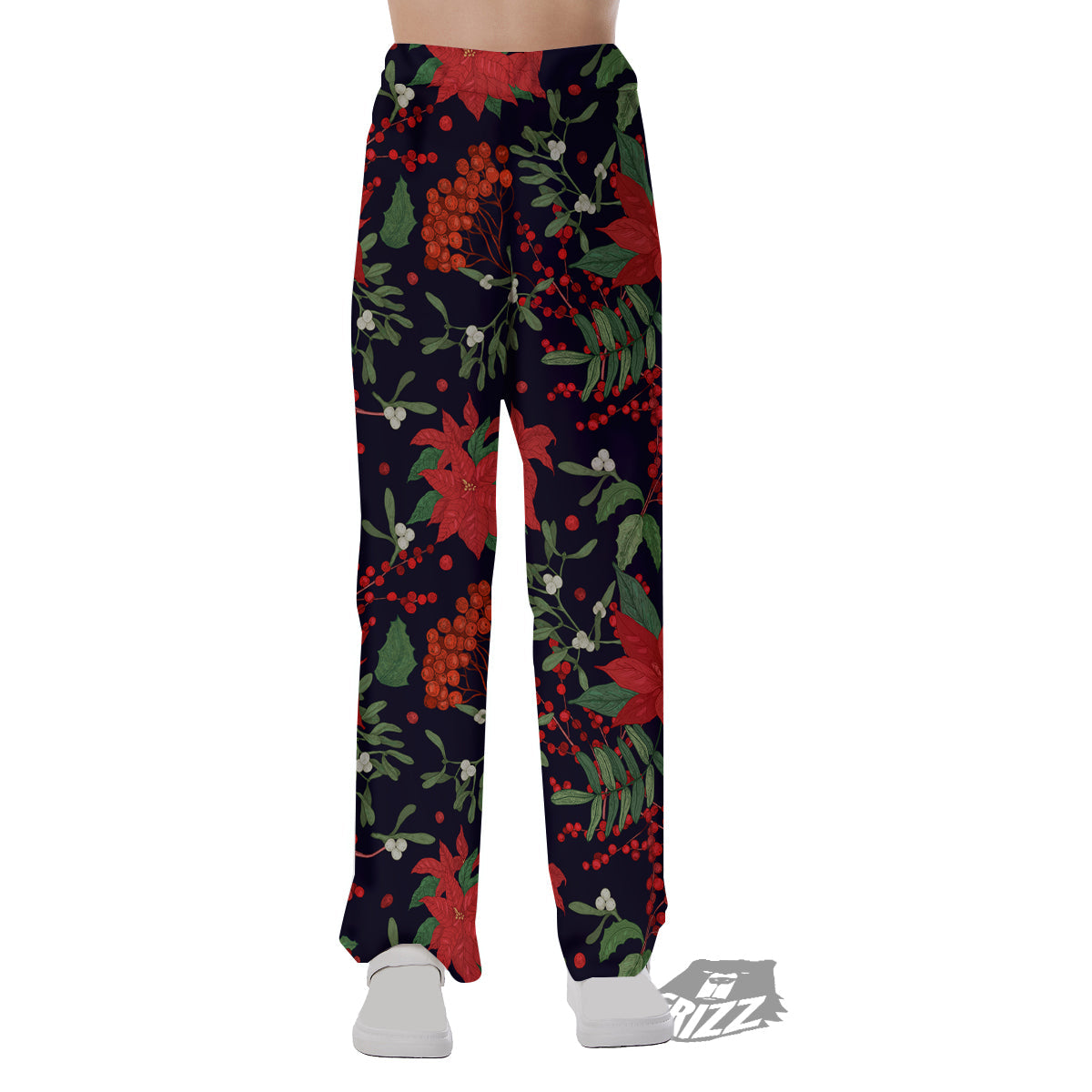 Poinsettia Xmas Print Pattern Pajama Pants-grizzshop