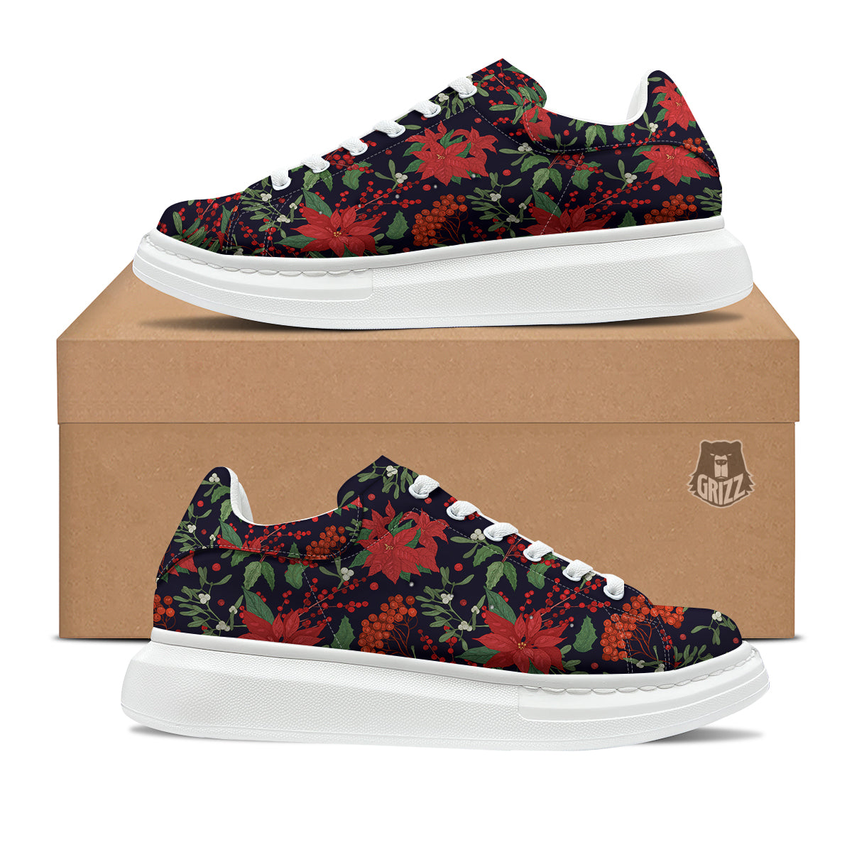 Poinsettia Xmas Print Pattern Platform Shoes-grizzshop