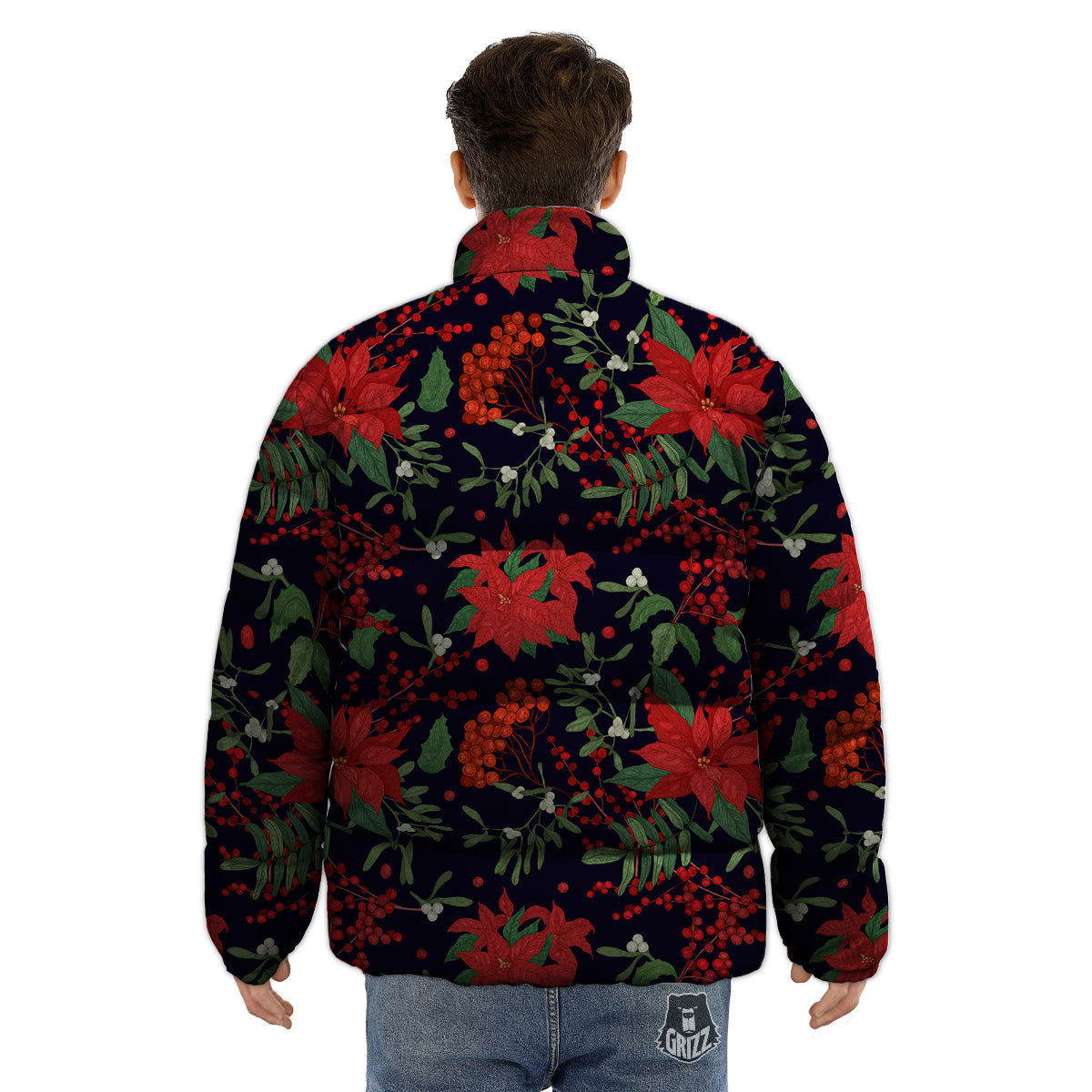 Poinsettia Xmas Print Pattern Puffer Jacket-grizzshop