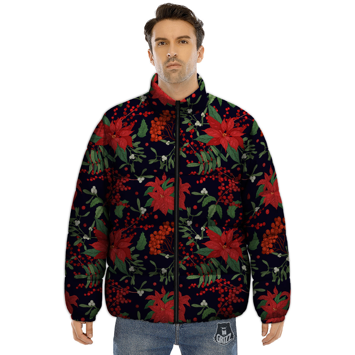 Poinsettia Xmas Print Pattern Puffer Jacket-grizzshop