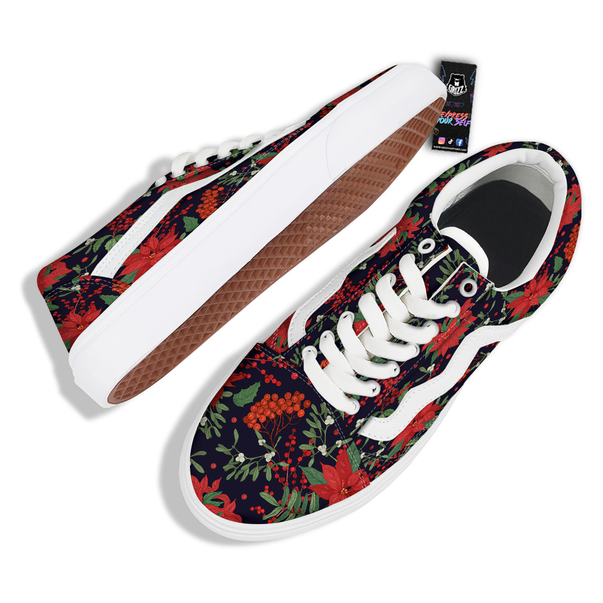 Poinsettia Xmas Print Pattern Skate Shoes-grizzshop
