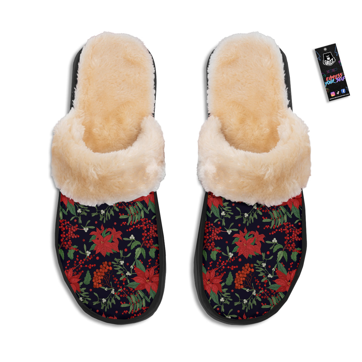 Poinsettia Xmas Print Pattern Slippers-grizzshop
