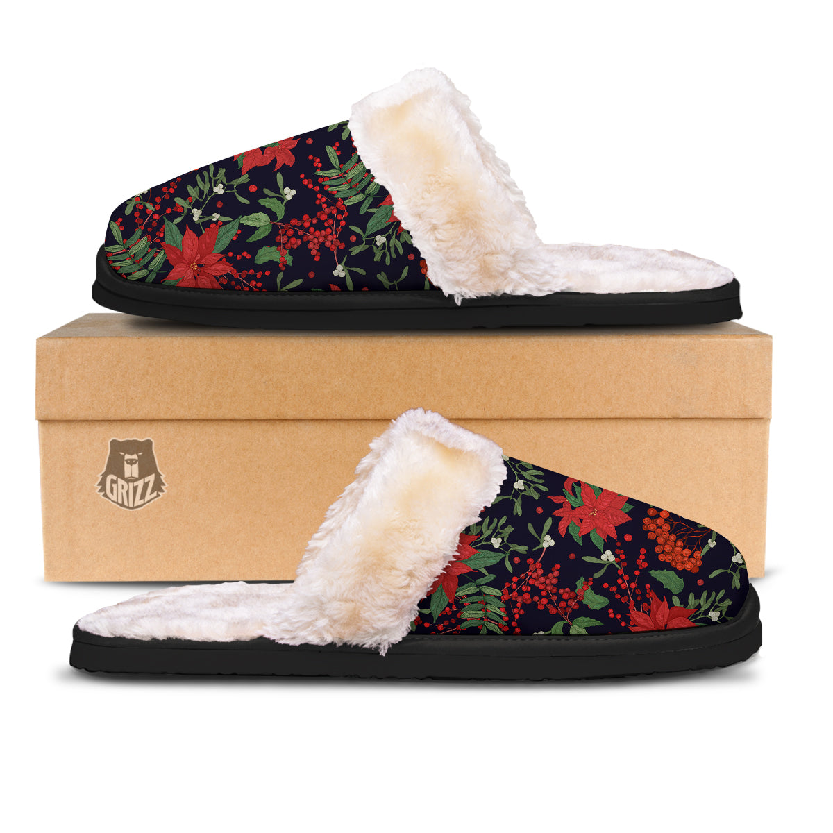 Poinsettia Xmas Print Pattern Slippers-grizzshop