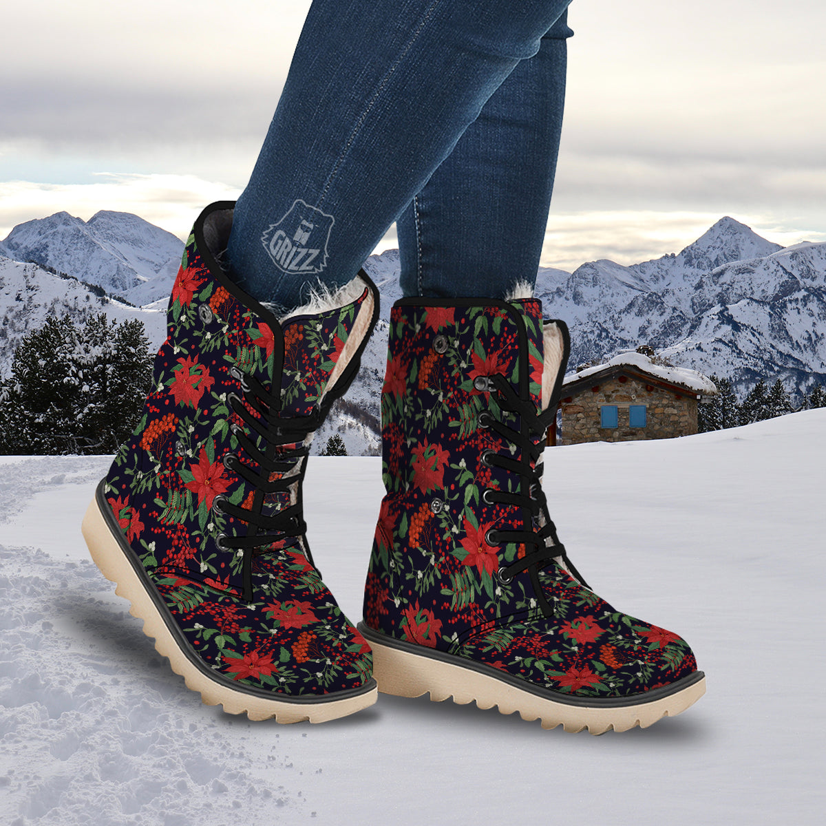 Poinsettia Xmas Print Pattern Snow Boots-grizzshop