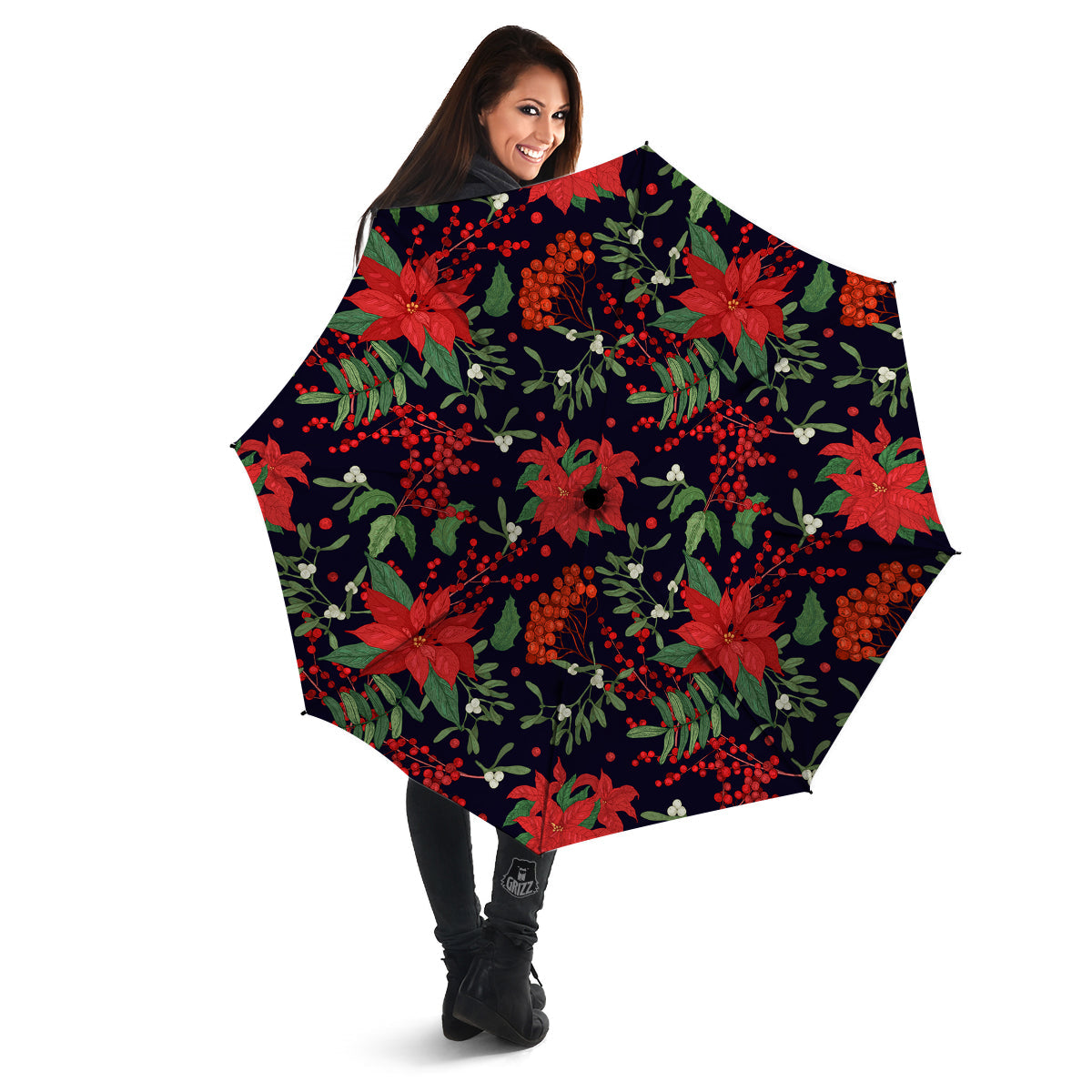 Poinsettia Xmas Print Pattern Umbrella-grizzshop