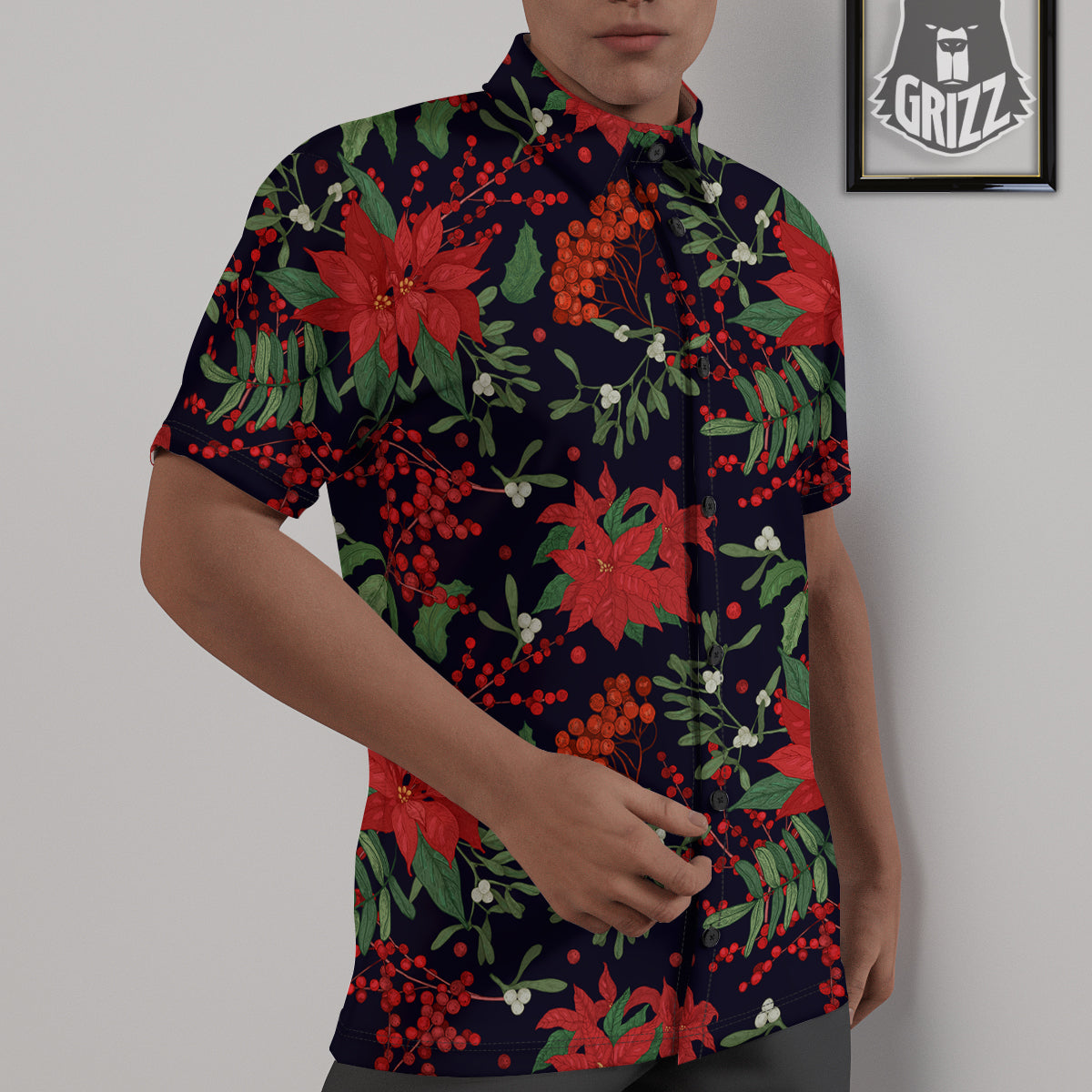 Poinsettia Xmas Print Pattern Untucked Shirts-grizzshop