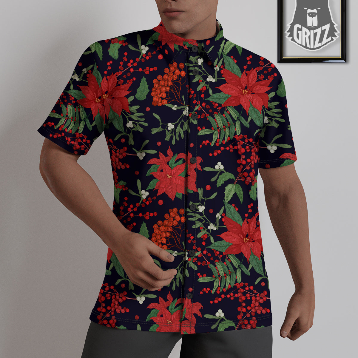 Poinsettia Xmas Print Pattern Untucked Shirts-grizzshop