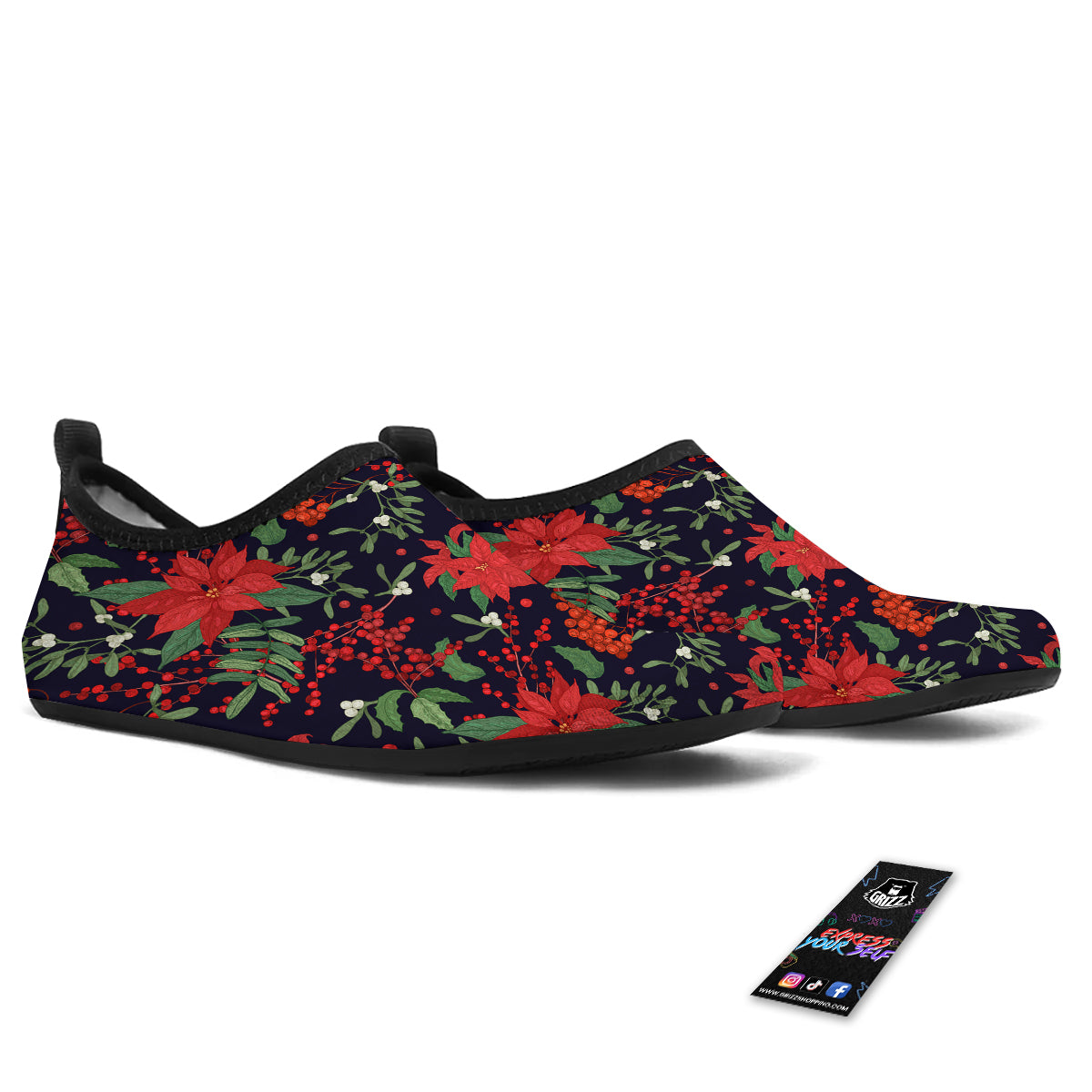 Poinsettia Xmas Print Pattern Water Shoes-grizzshop