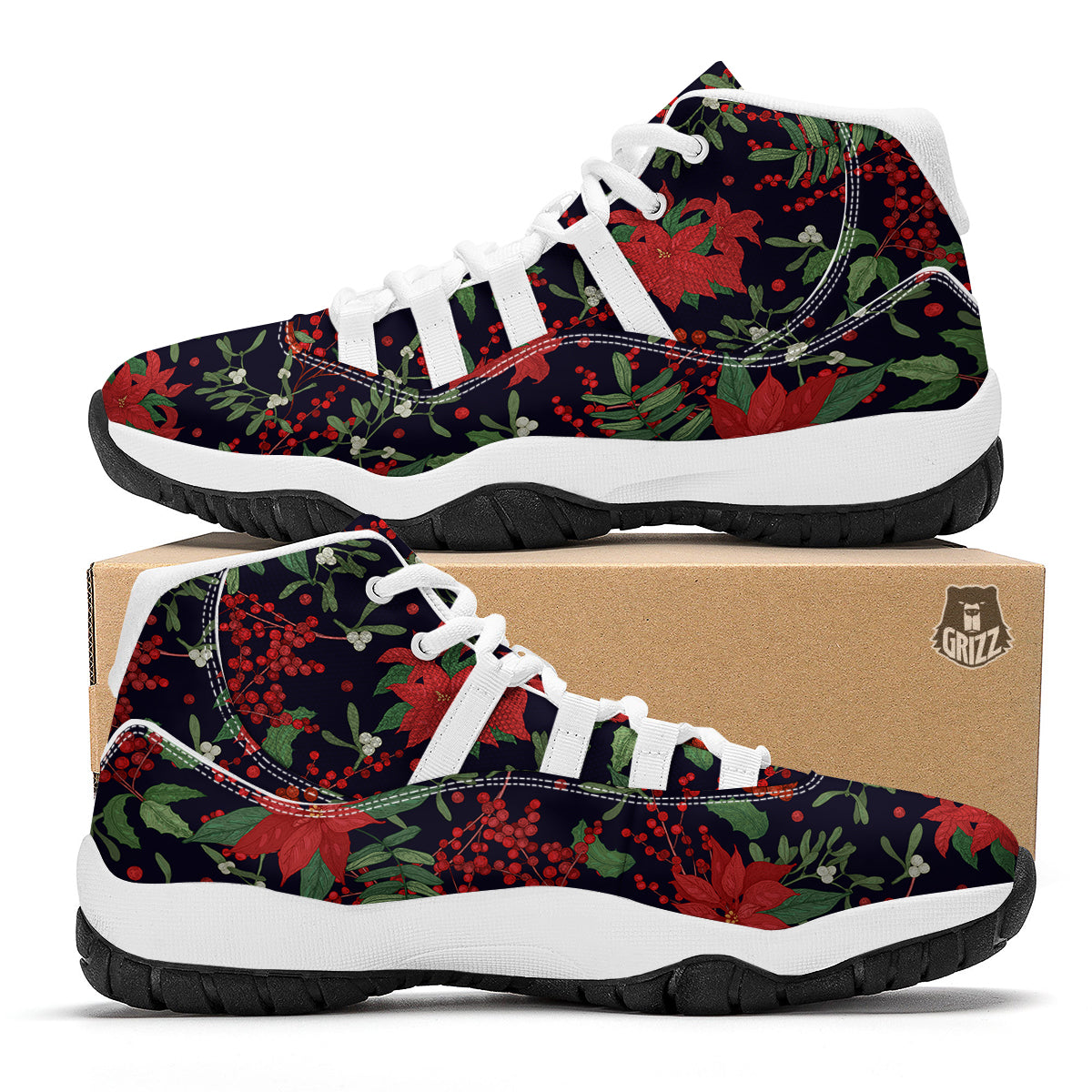 Poinsettia Xmas Print Pattern White Bball Shoes-grizzshop