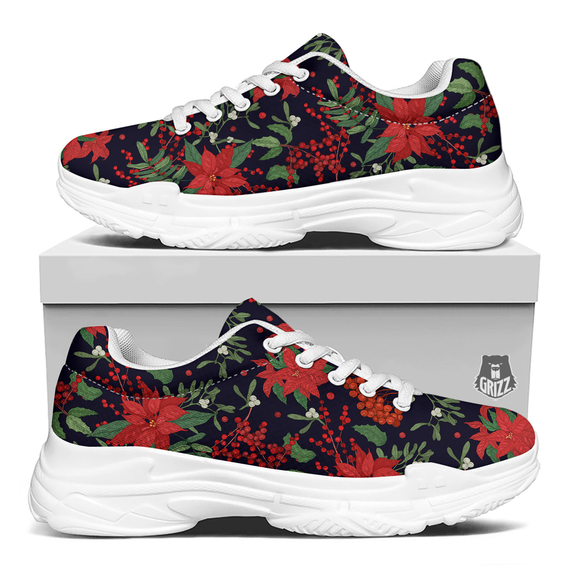 Poinsettia Xmas Print Pattern White Chunky Shoes-grizzshop